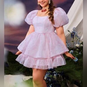 #150 Pink Glitter Off The Shoulder Puff-Sleeves Organza Mini Dress - 2X/18-20